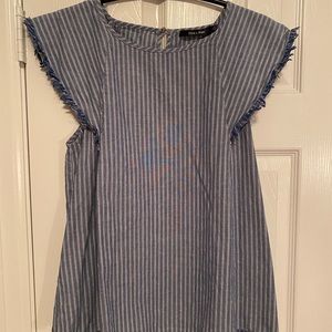 Boho Blue and White Blouse with Fringe